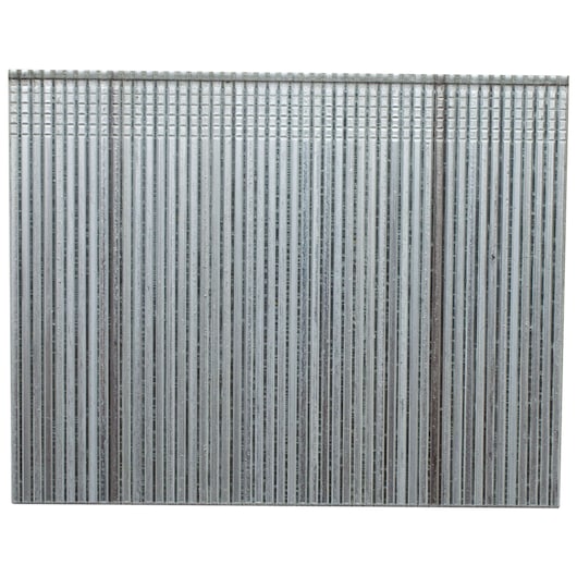 A close-up image of a bundle of metal finish nails arranged vertically in rows.