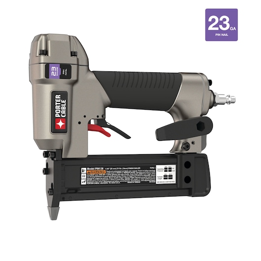 PORTER-CABLE PIN138 23-gauge pneumatic pin nailer, shown in profile view, with a black and silver body and visible product labels and warnings.
