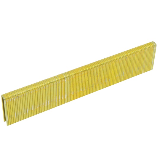 A bundle of yellow collated staples arranged in a strip for use in a staple gun or nailer.