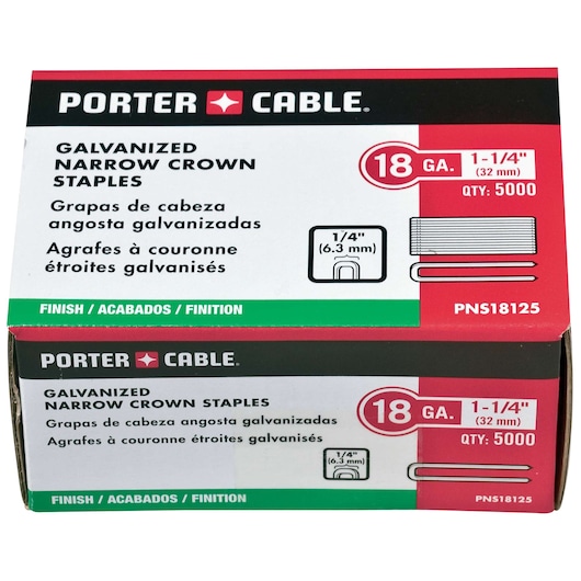 Box of PORTER-CABLE galvanized narrow crown staples, 18 gauge, 1-1/4 inch (32 mm) length, 1/4 inch (6.3 mm) crown width, quantity 5000, model PNS18125. Packaging displays information in English, Spanish, and French.