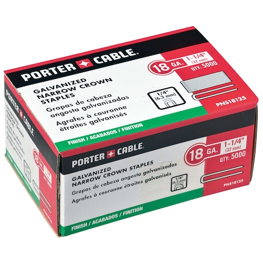 A box of PORTER-CABLE galvanized narrow crown staples, 18 gauge, 1-1/4 inches (32 mm) length, quantity 5000. The packaging includes product details in English, Spanish, and French.