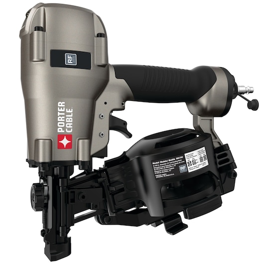 PORTER-CABLE RN175C pneumatic roofing nailer, featuring a metal grey and black body, ergonomic grip, and coil nail magazine.