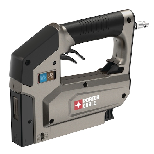 PORTER-CABLE heavy duty 18 gauge pneumatic staple gun with a black and metallic silver finish, featuring an ergonomic handle, trigger mechanism, and visible logo on the side.