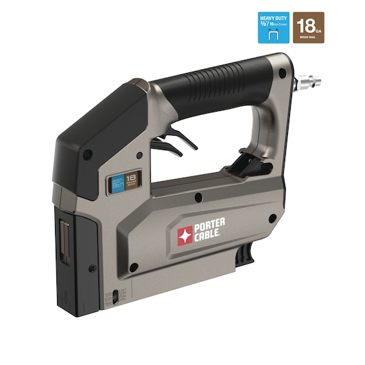 PORTER-CABLE heavy duty brad nailer, model TS056, shown in a close-up view. The tool features a metallic body with black accents, a comfortable grip handle, and visible branding on the side. Icons indicate compatibility with 3/8 inch crown staples and 18 gauge brad nails.
